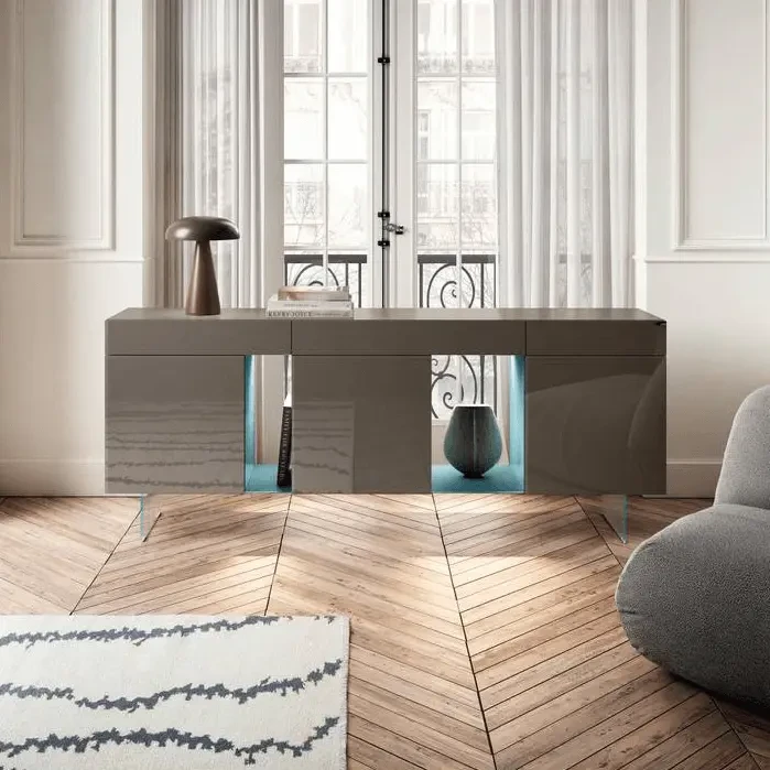 Lago 36e8 Sideboard in Fango polished glass with extra clear glass legs, modern style, front view in a living room setting.