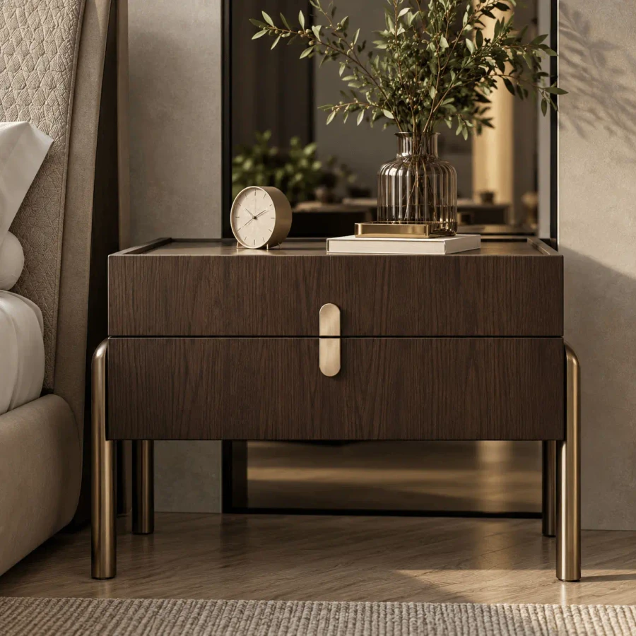 Malerba Stay 2 Drawer Nightstand in Burnt Oak with Burnished Bronze Base and Handles, front view in bedroom setting.