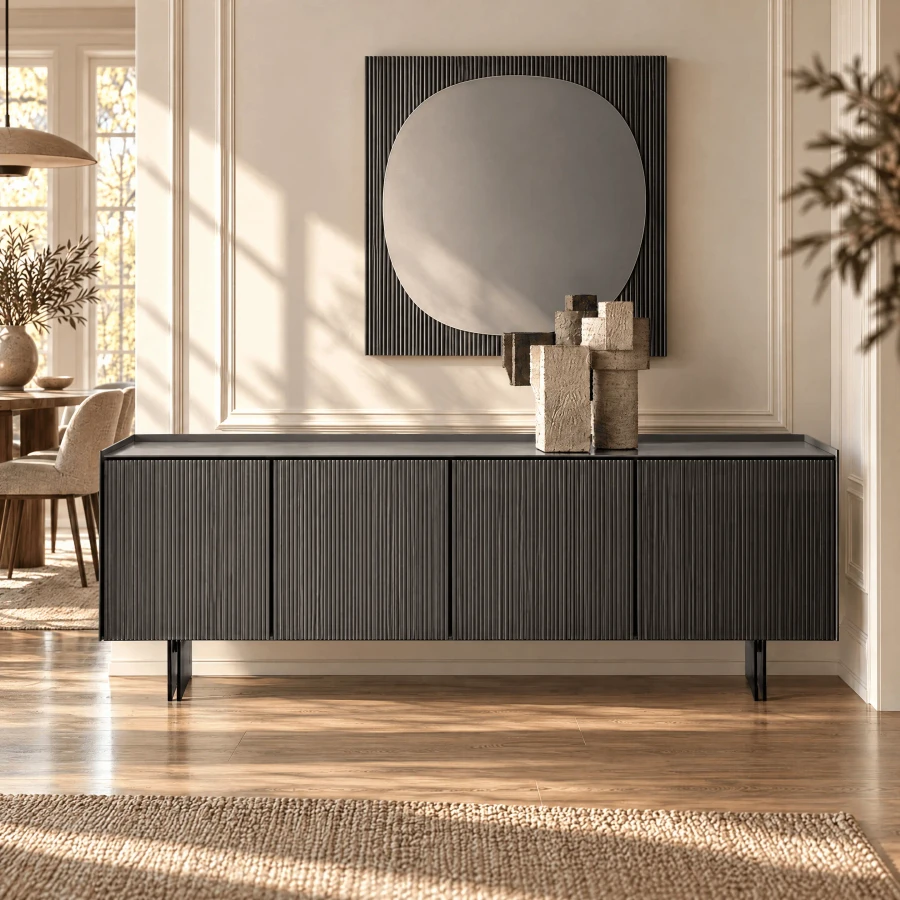 FUME - Tonelli Aterea Sideboard in Titanio Frosted Glass with Smoked Glass Feet, modern style, front view in a dining room setting.