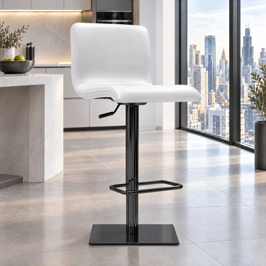 WHITE LEATHER - Toro Bar Stool in white leather with black chrome lift and base, side view in a modern kitchen setting.
