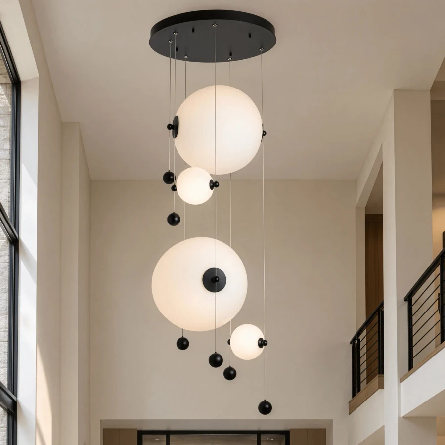 Abacus 4-light round pendant, modern black finish and opal glass, multi-sphere design, eye-level view in a living room.