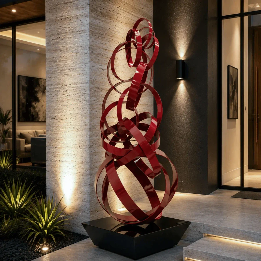 Miren Integrity 2 red metal abstract sculpture on black metal base, modern style, outdoor patio setting, front view.
