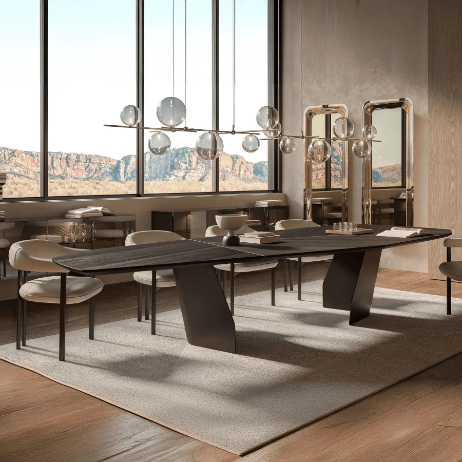 118 IN - Cattelan Senator Wood Dining Table, burned oak top, bronze embossed steel base, modern style, dining room, eye-level view