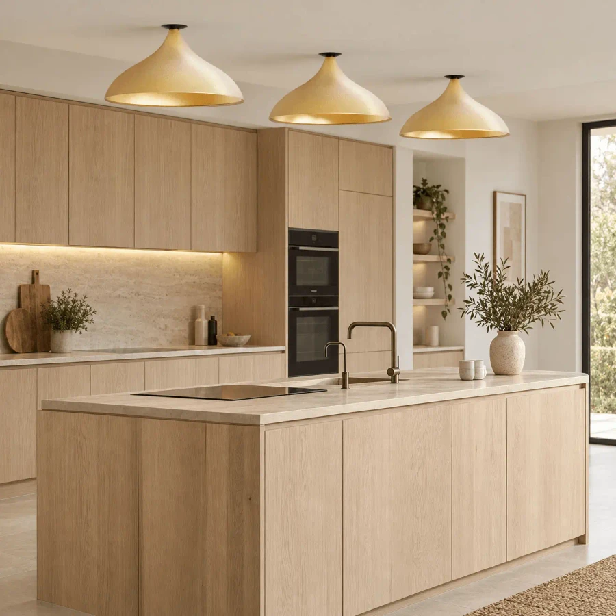 BRASS - Three Pablo Swell Flush Lamps Wide in Brass Interior, modern style, ceiling mounted in a light wood kitchen, front view.