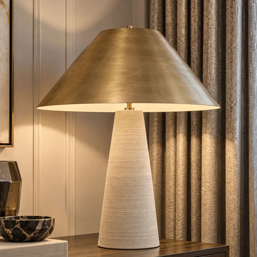 Karam Table Lamp with cream ceramic base and natural brass shade in a bedroom setting, eye-level front view.