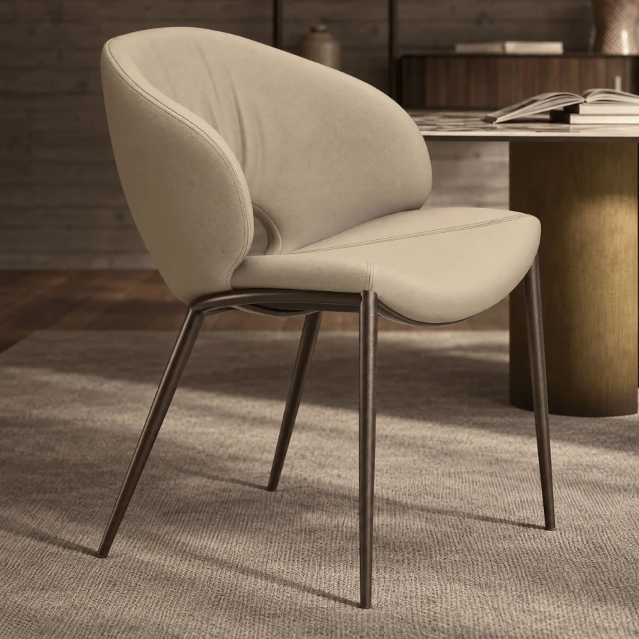 Cattelan Miranda Ml Side Chair in Lino Soft Leather with Bronze Embossed Steel Legs, side view in dining room setting.