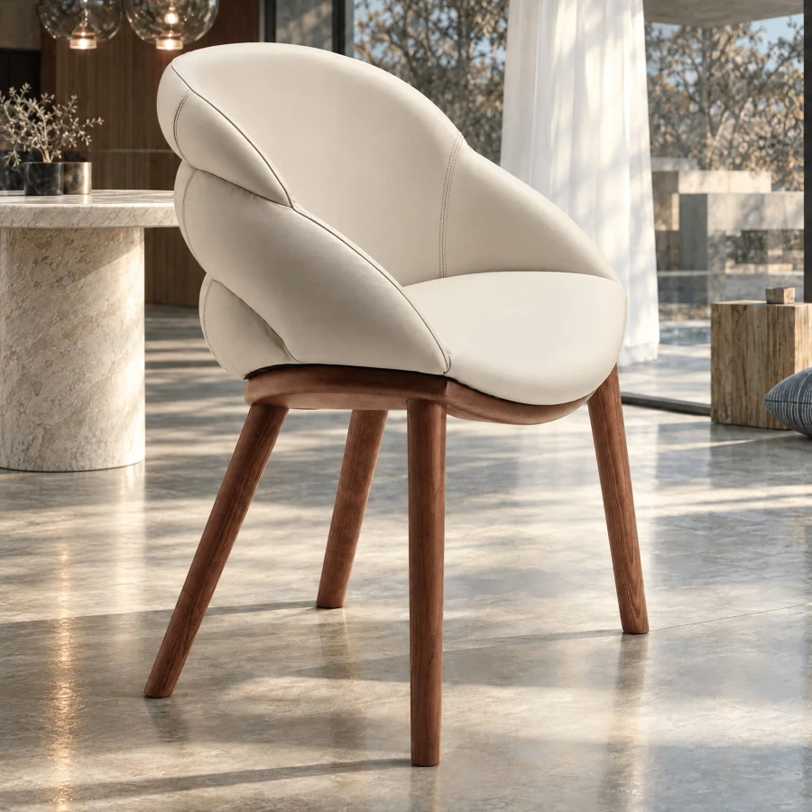 Cattelan Camilla Side Chair in Lino Soft Leather and Canaletto Walnut Ash Frame, modern style, rear angle, dining room.
