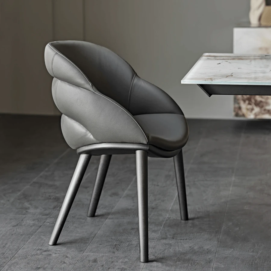 Cattelan Camilla Side Chair in Ardesia Soft Leather and Burned Oak Ash Frame, modern dining room, rear three-quarter view