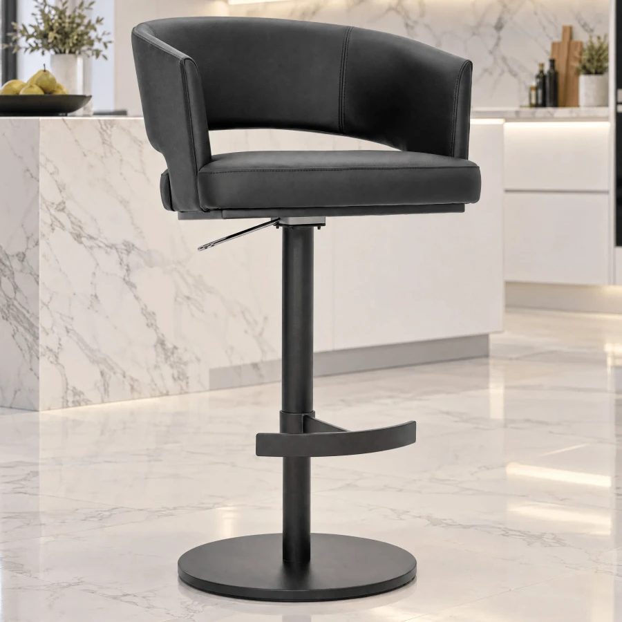 Circa Adjustable Bar Stool in Ace Coal Ecopelle with Carbon Frame Post and Footrest, side view in a modern kitchen setting.