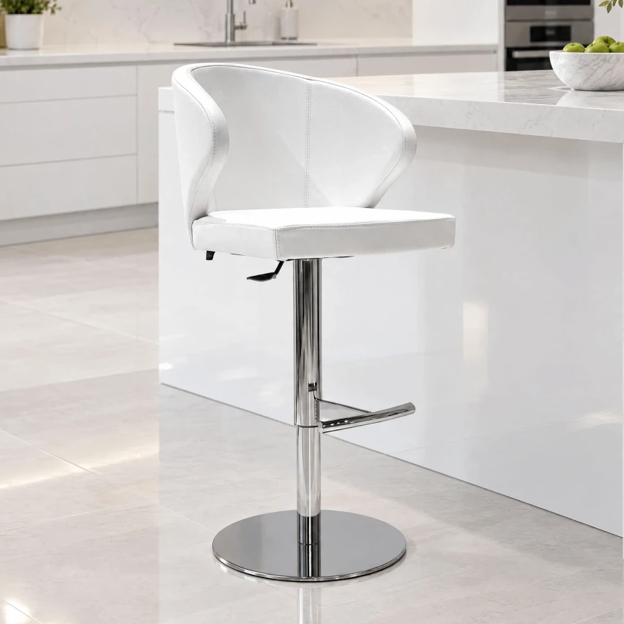 Doris P Bar Stool, modern white leather with chrome base, post, footrest and lift, side view in a white kitchen setting.
