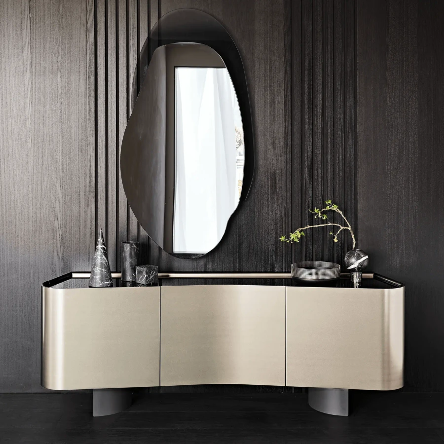 Cattelan Blues Sideboard in titanium lacquered case with mirrored smoke grey glass top in a modern living room, front view.