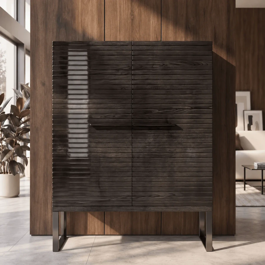 Malerba Perfect Time Bar Cabinet in Brown Chestnut High Gloss with Black Chrome Base, front view in a modern living room.