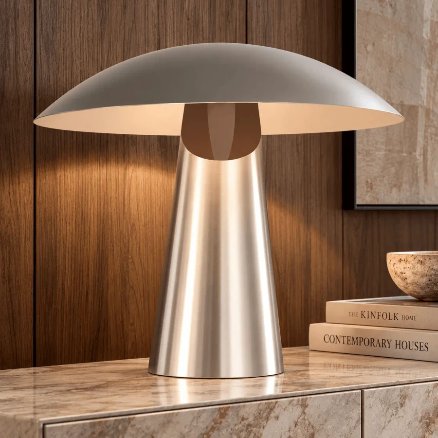 POLISHED NICKEL - Aegis Table Lamp in polished nickel, modern style, LED module, eye-level view in a living room setting.