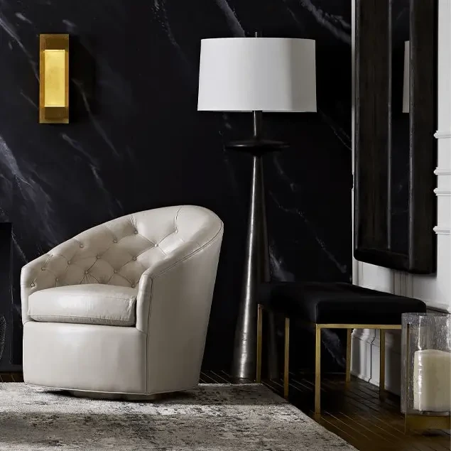 ANTIQUE ALUMINUM - Putney Floor Lamp in Antiqued Aluminum with Off-White Linen Shade in a living room setting, full view from the front.
