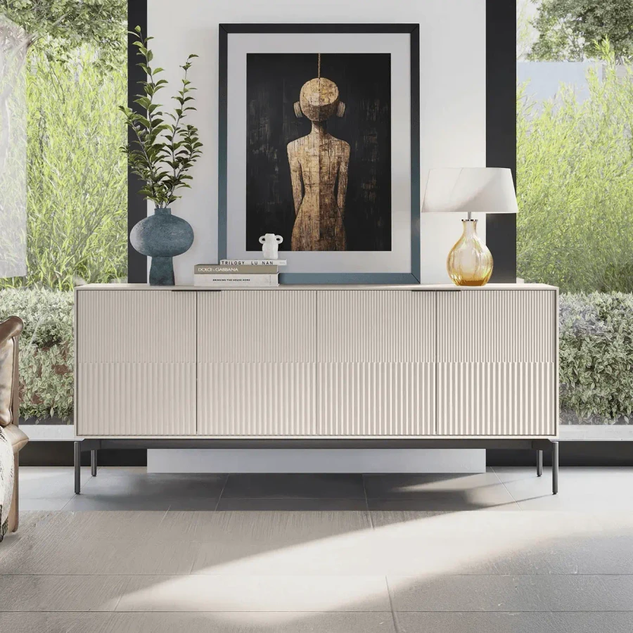 DUNE/CARBON - BDI Zig 7649 Storage Credenza in Dune with Brushed Carbon Base, modern fluted design, front view in a living room setting.