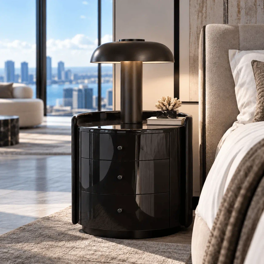 DARK BRONZE - Louver Medium Table Lamp, modern, dark bronze, metal, dimmable LED, side view in bedroom on black nightstand.