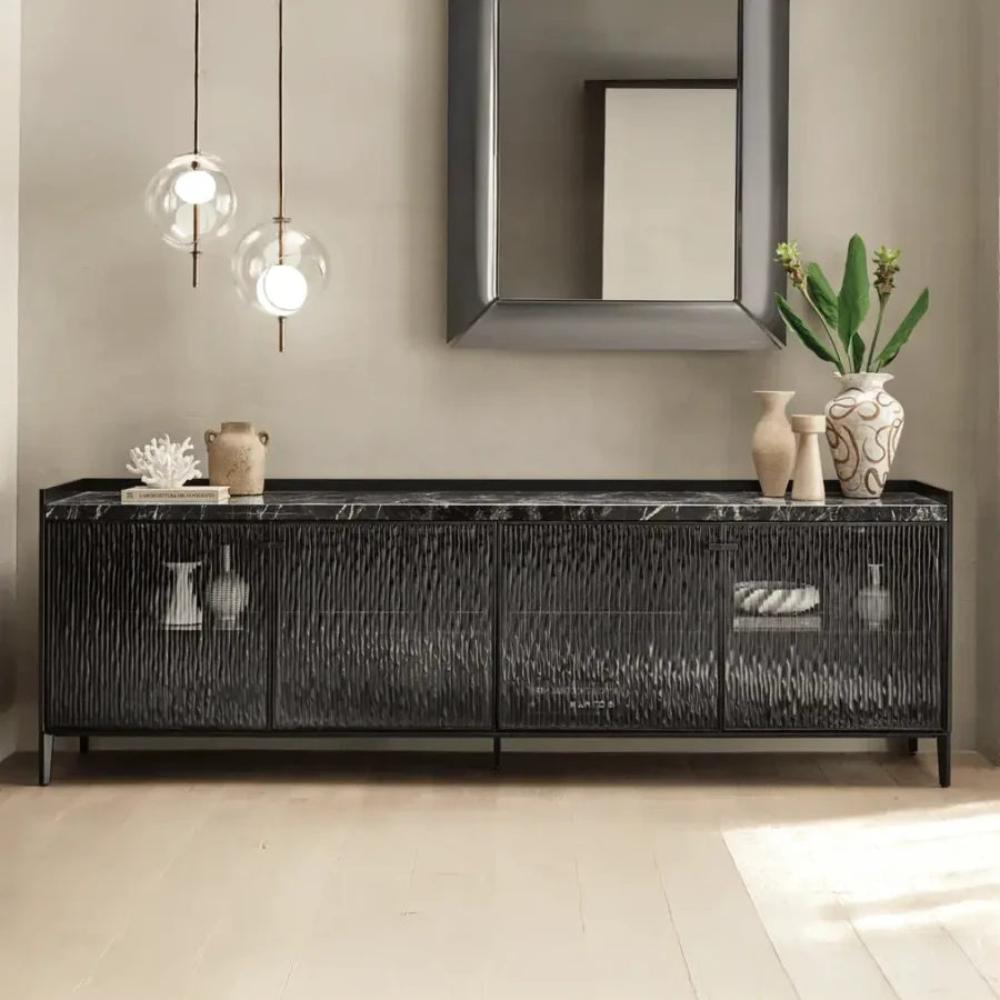 Fiam Segesta Sideboard in living room, Vulcan Grey Lacquer, Smoked Fused Glass doors, Carnico Grey Marble top, front view.
