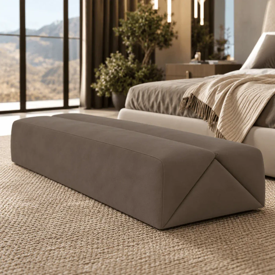 Malerba Stay Upholstered Bench, brown leather with side tufted, modern style, low profile, angled view in bedroom setting.