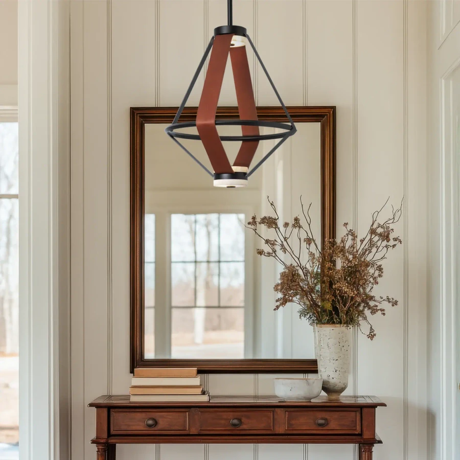 Aspen Led Small Pendant in Black Metal and Chestnut Leather with Alabaster, front view in a living room entryway.