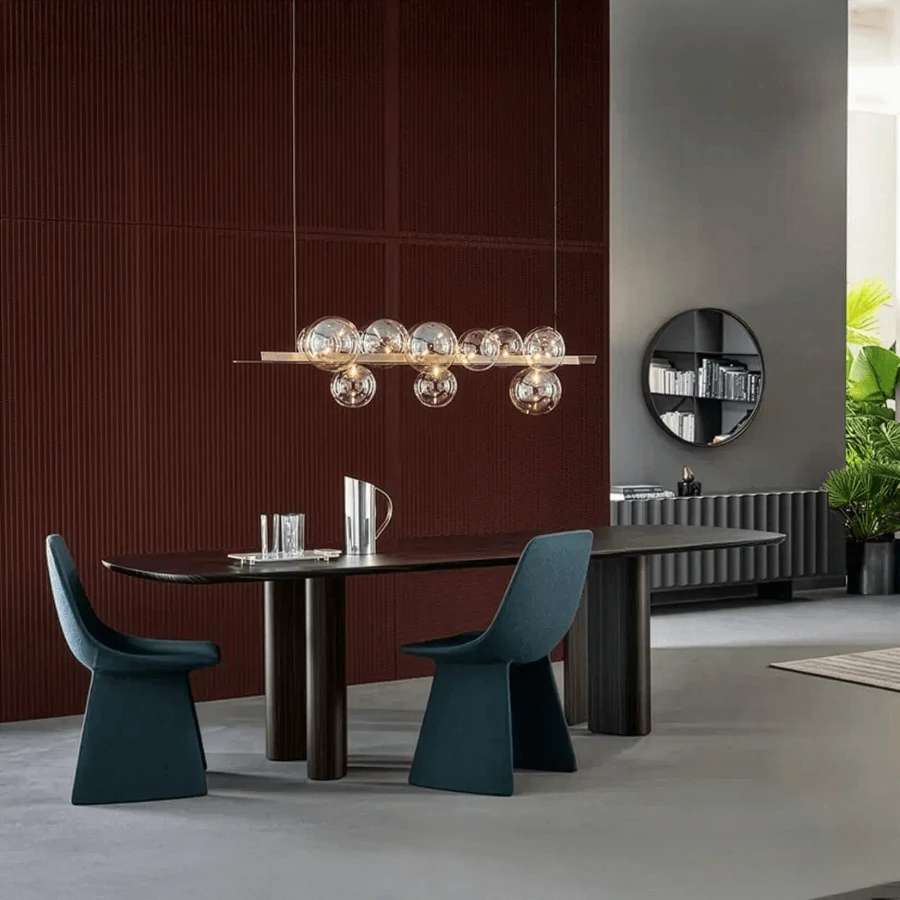 Bonaldo Geometric Wood Dining Table in Ebony Wood, modern style, dark wood, oval top, dining room, eye-level view.