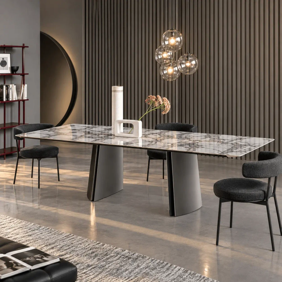 Bonaldo Torii Extension Dining Table, modern, glossy imperial grey ceramic top, lead metal base, dining room, angled view.