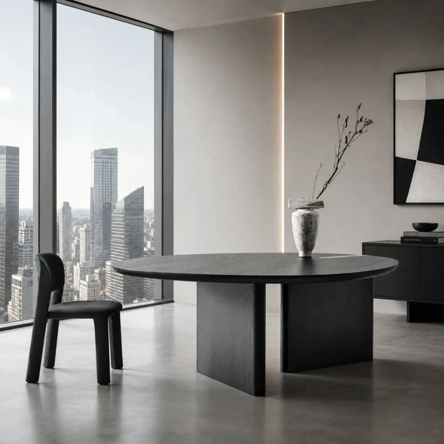 Bonaldo Flatiron Round Dining Table in Brushed Coal Oak with Brushed Lead Base in a modern dining room, side view.