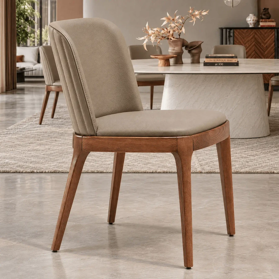 Cattelan Magda Barre Side Chair in Tortora Soft Leather and Canaletto Walnut Stained Ash, side view in dining room setting.