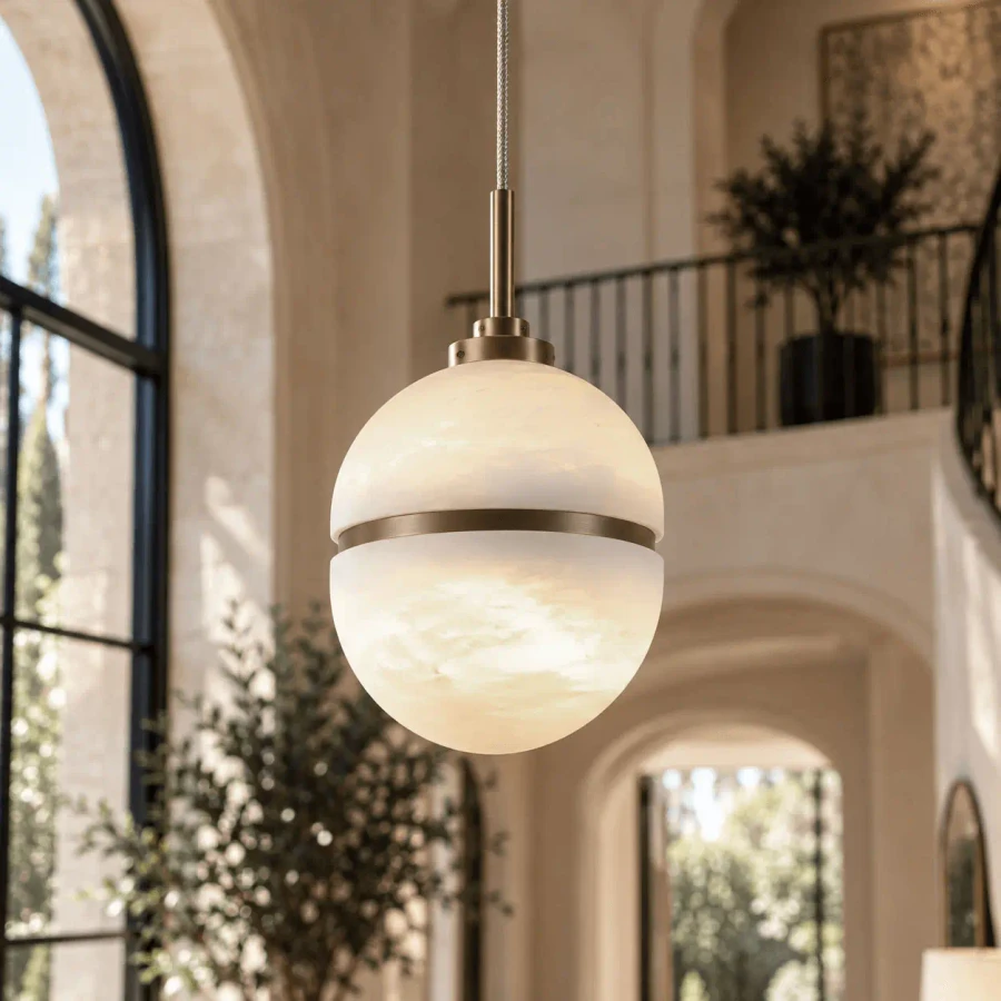 Sedona Pendant in Aged Brass and Alabaster Globe, transitional style, eye-level view in a bright living room setting.