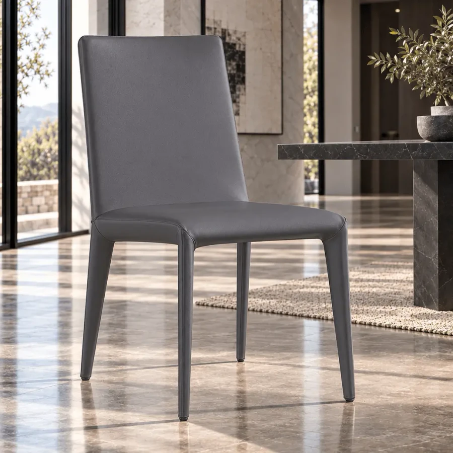 Bonaldo Filly Up Side Chair in Ardesia Grey Leather, modern style, side view in a dining room setting.