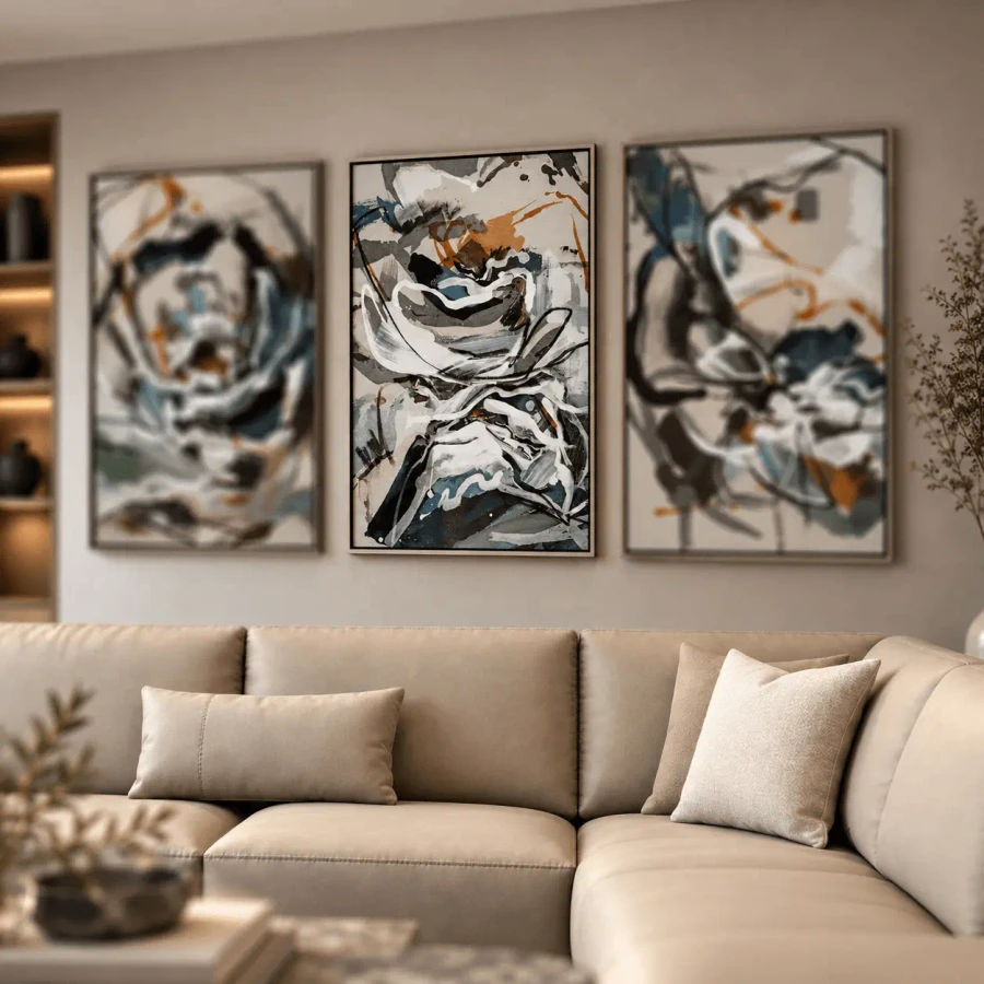 Burgeon II abstract canvas art by Leila in silver floater frames, living room setting, front view, standard embellished.