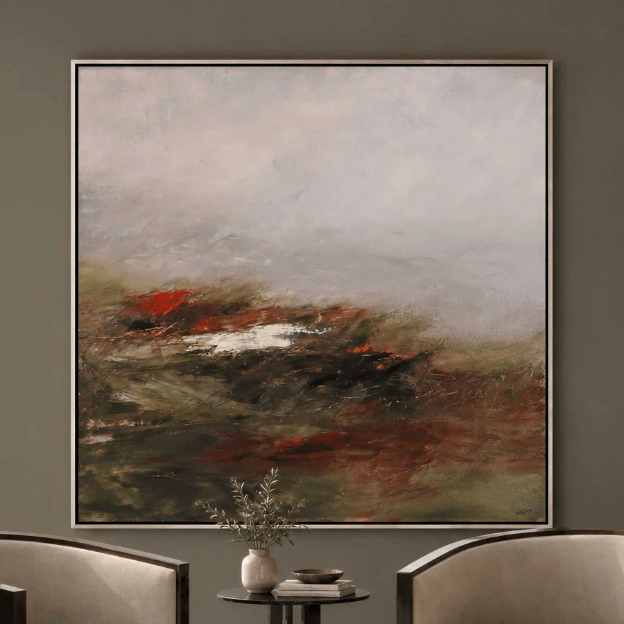 Green Valley abstract canvas art by Makoto in silver floater frame, earthy tones, living room setting, front view.
