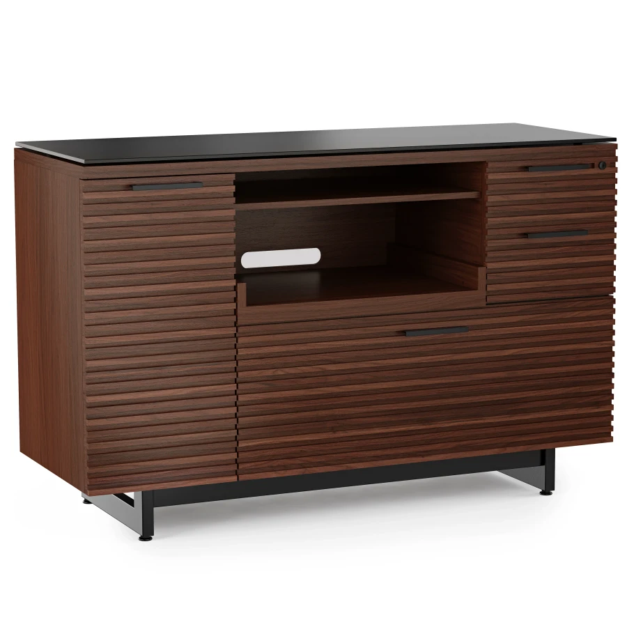 CHOCOLATE WALNUT - Modern walnut wood sideboard with black top, slatted doors, open shelving, and black metal legs, front view.