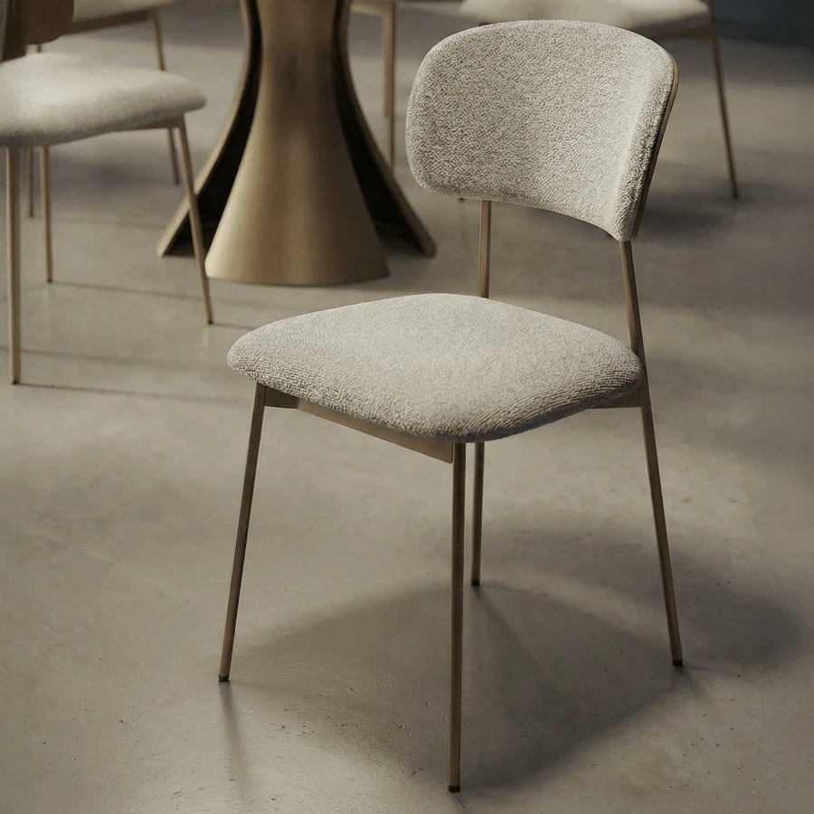 BDI Cove Dining Chair in oatmeal fabric with bronze metal frame, modern style, 3/4 view in a dining room setting.