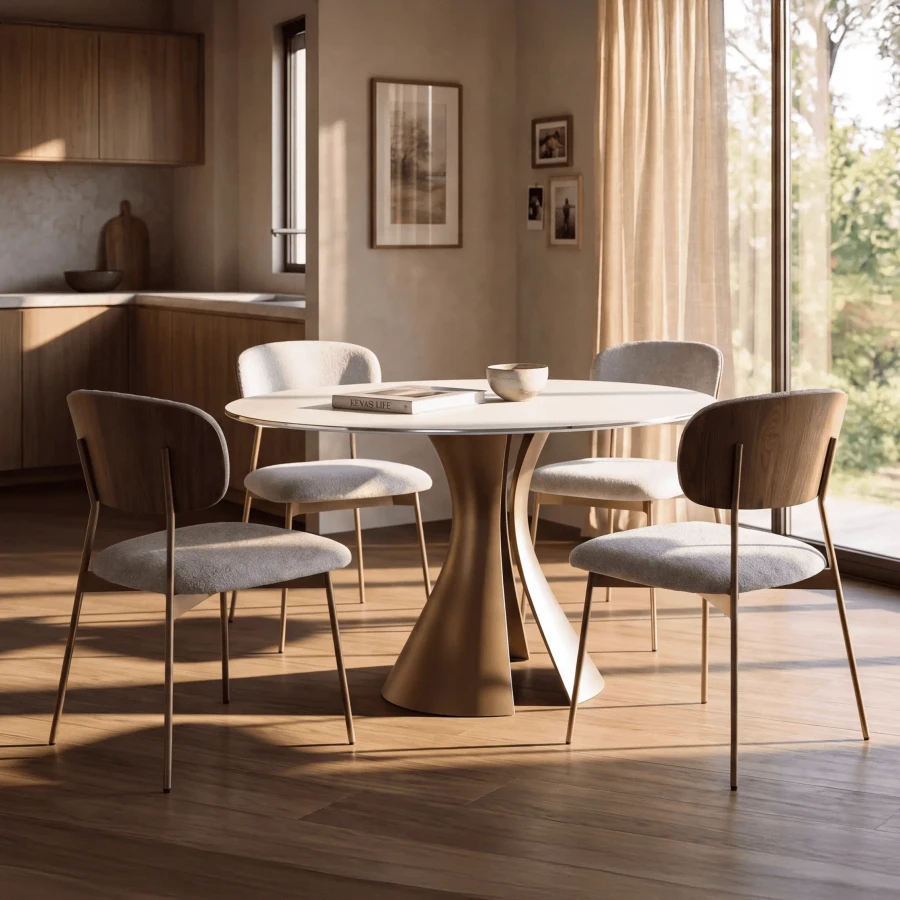 48 IN. - BDI Bloom Round Dining Table with Oyster Glass Top and Bronze Metal Base in a modern dining room, three-quarter view.