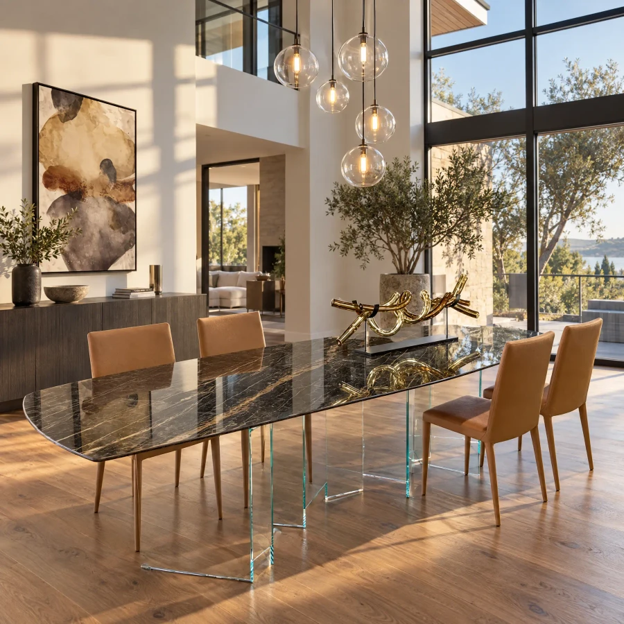 Tonelli Metropolis Dining Table, Noir Desir Boat Shape Ceramic top, Extraclear Glass Base, gloss finish, dining room angle.