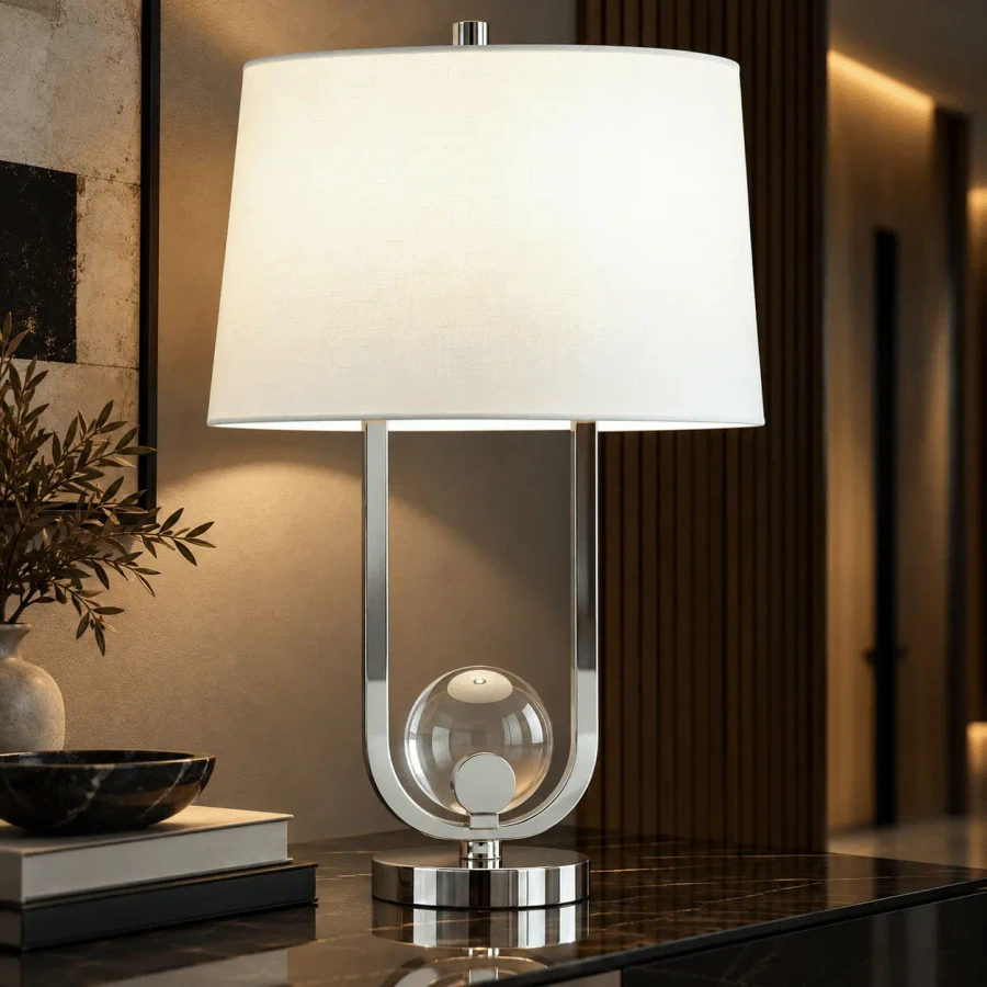 Doyle Table Lamp in polished nickel with crystal ball and white linen shade, modern style, living room, front view.