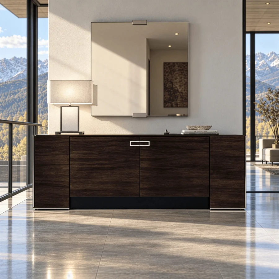 Malerba One And Only Buffet in Canela Noir Walnut High Gloss with stainless steel accents, front view in living room setting.