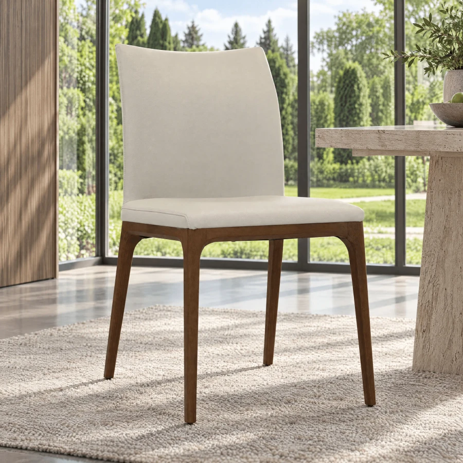 LINO - Cattelan Arcadia Side Chair, modern, Lino Soft Leather 948, Walnut Stained Beech Frame, 3/4 view in dining room setting.