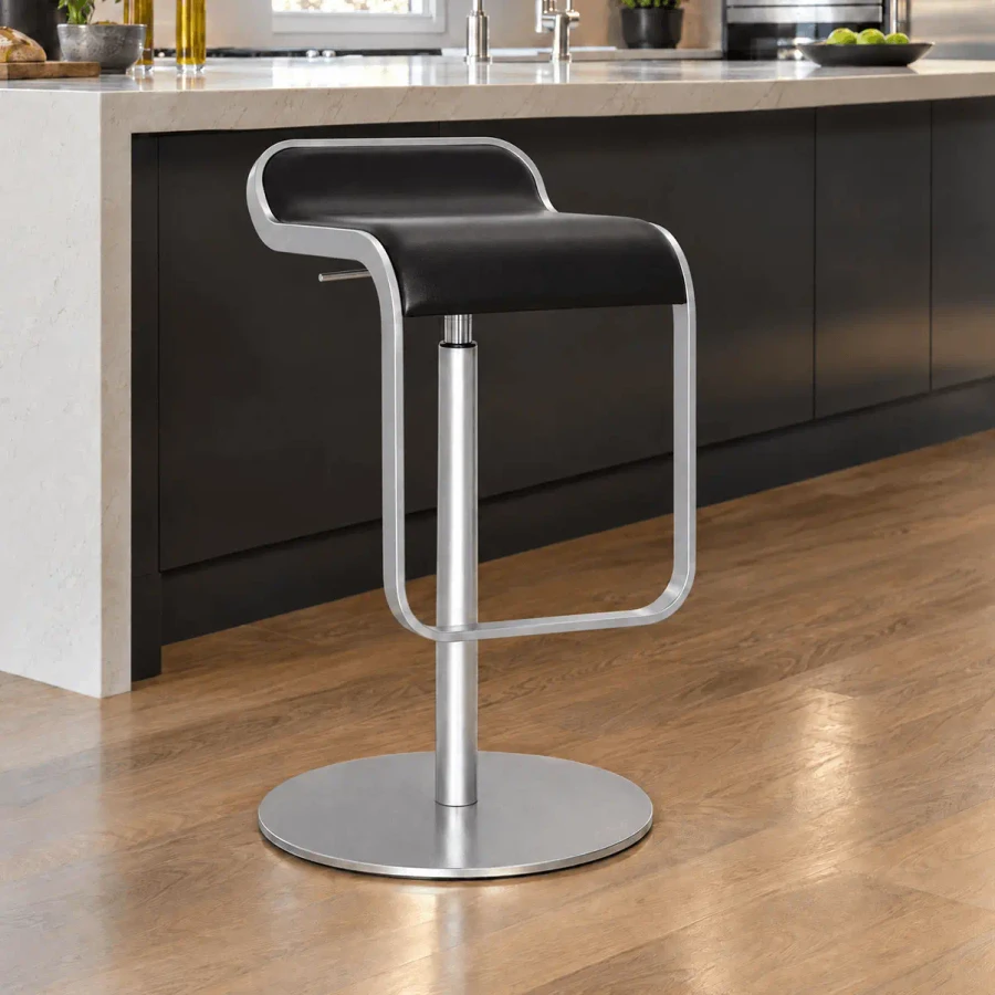 Lapalma Lem Bar Stool, modern style, black leather seat, matt chrome metal frame and base, side view in kitchen setting.