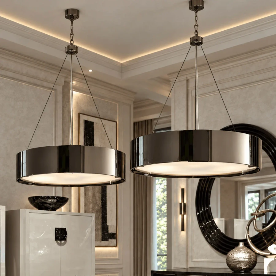 Two Dante Chandeliers in Black Nickel with Frosted Acrylic Diffusers, modern style, eye-level view in a luxury living room.