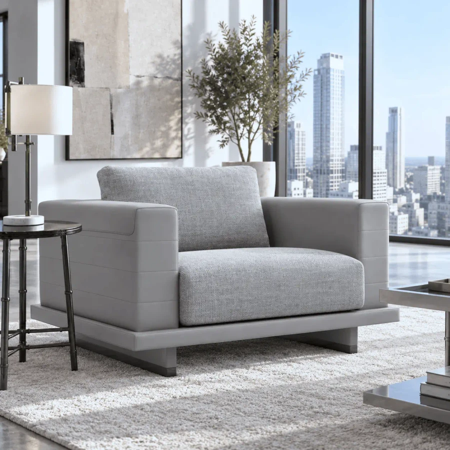 GREY - Malerba My Story Lounge Chair, modern style, grey leather frame and grey fabric seat, 3/4 view in a living room setting.