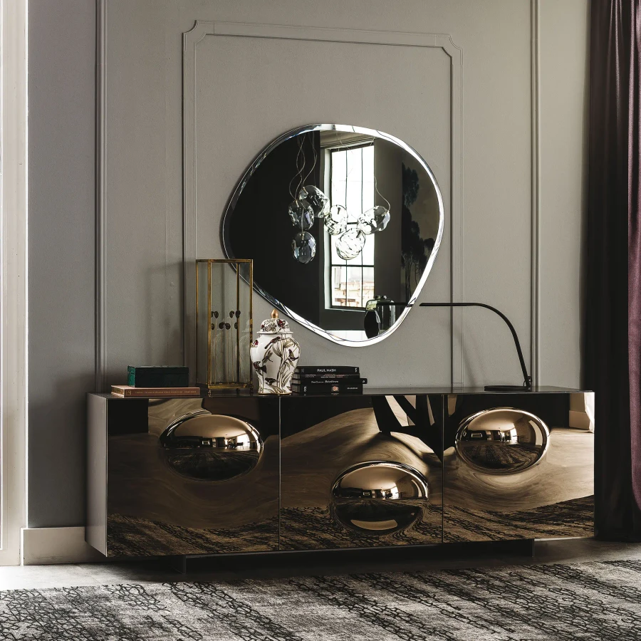 Cattelan Paramount Sideboard in Bronze with convex glass doors and titanium case in a modern living room, front view.