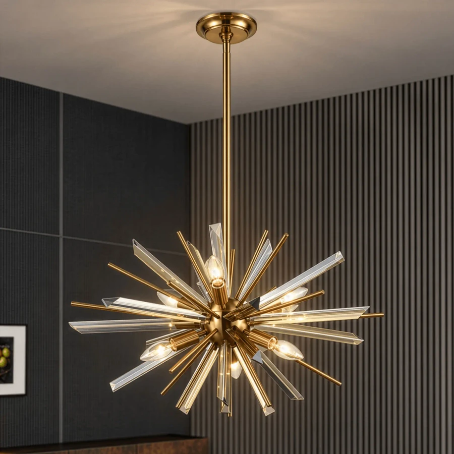 Palisades 6-light Suspension chandelier, mid-century modern, antique brass and champagne glass, starburst design, living