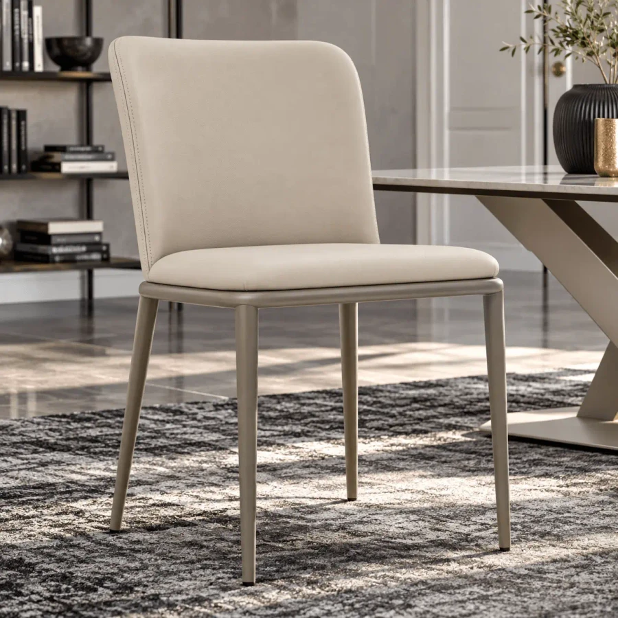 OYSTER - Cattelan Magda Ml Side Chair in Oyster Soft Leather with Titanium Embossed Steel Frame, 3/4 view in dining room setting.
