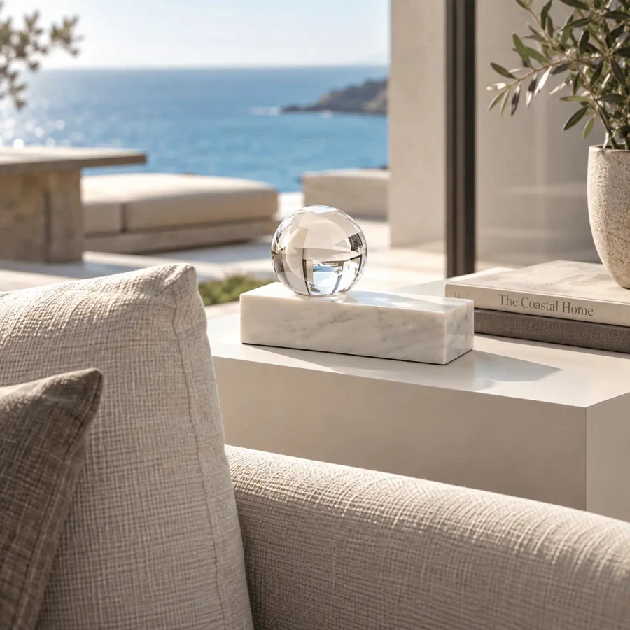 Mina Table Lamp, modern white marble base with laser etched crystal orb, 3-step touch dimmer, outdoor patio side view.