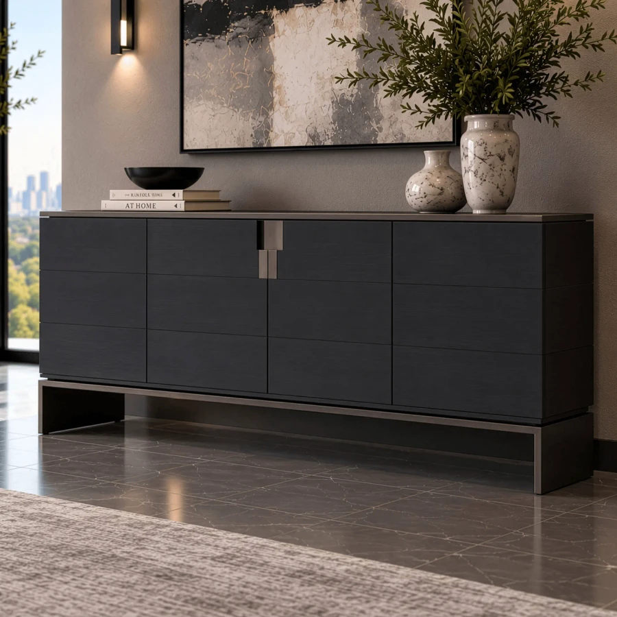 Malerba Black & More Buffet in Black Onyx Gloss with Black Chrome Base, modern style, front view in a living room setting.