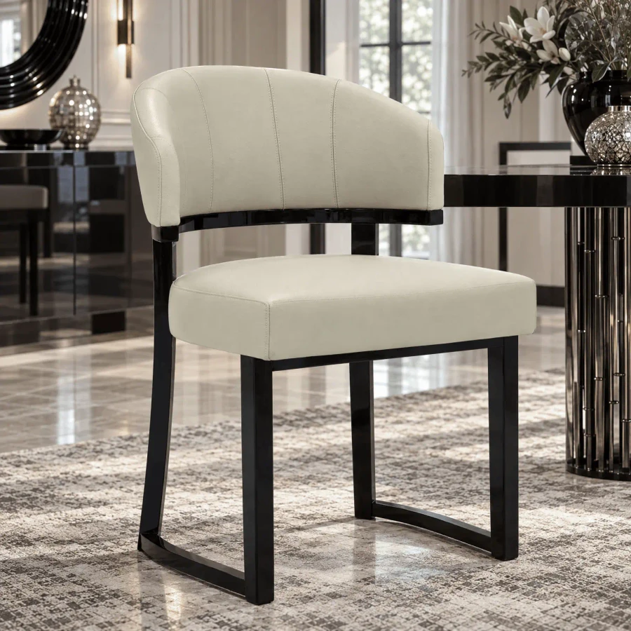 Malerba My Story Side Chair in Beige Leather C60 / A and Black Cedar High Gloss, modern style, 3/4 view in dining room.