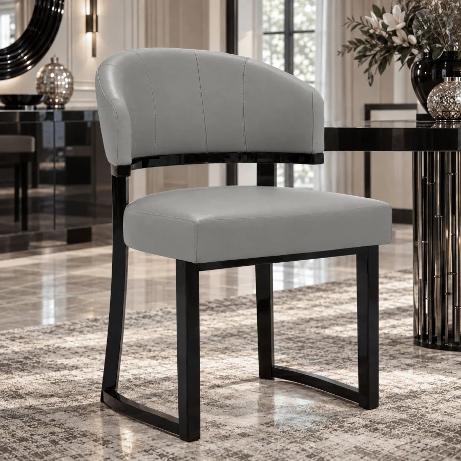 Malerba My Story Side Chair in Grey Leather and Black Cedar High Gloss, modern style, side view in dining room setting.