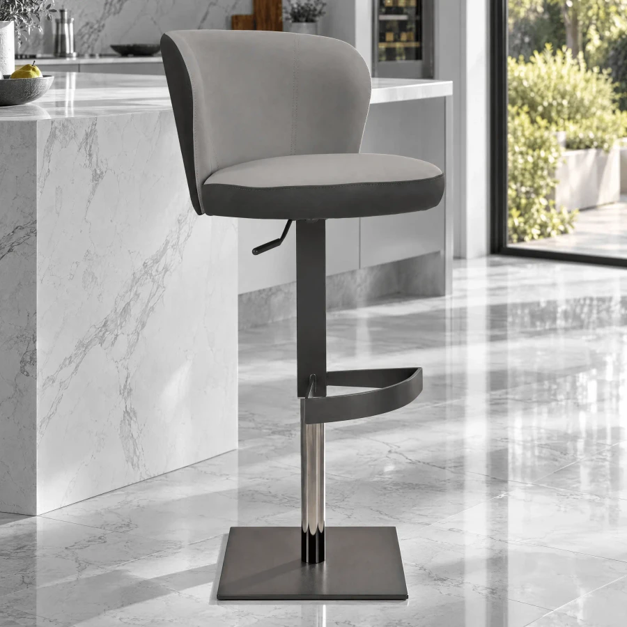 Ocean Bar Stool, modern style, Black Seatex Outer/Grey Inner, Charcoal Powder Coat Base, side view in kitchen setting.