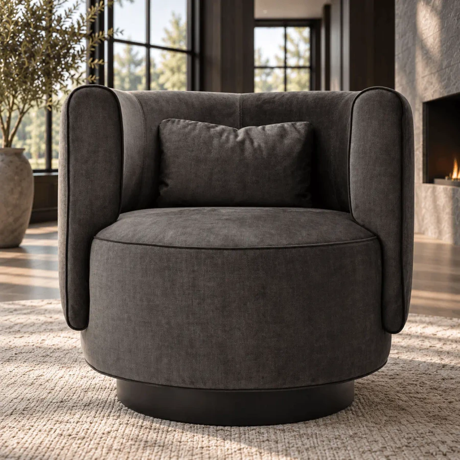 Malerba Up-to-you Swivel Chair in Tawny Brown Velvet with Black Gloss Base and Black Welt, front view in living room setting.